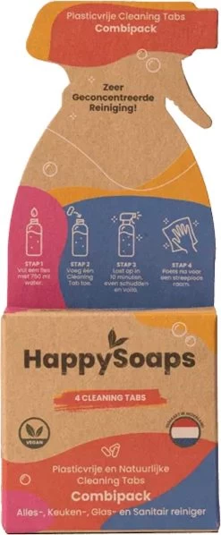 HappySoaps Cleaning Tabs - Combipack Met 4 Verschillende Tabs - Allesreiniger, Keukenreiniger, Glasreiniger En Sanitairreiniger - 100% Plasticvrij, Duurzaam & Vegan -Winkel Met Schoonmaakproducten 496x1200